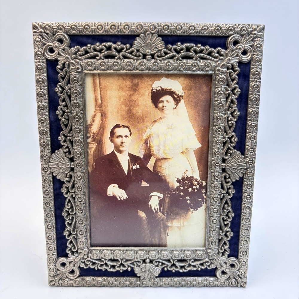 The Weston Gallery Silver Filigree Navy Blue Fabric Ornate 4x6 Picture Frame